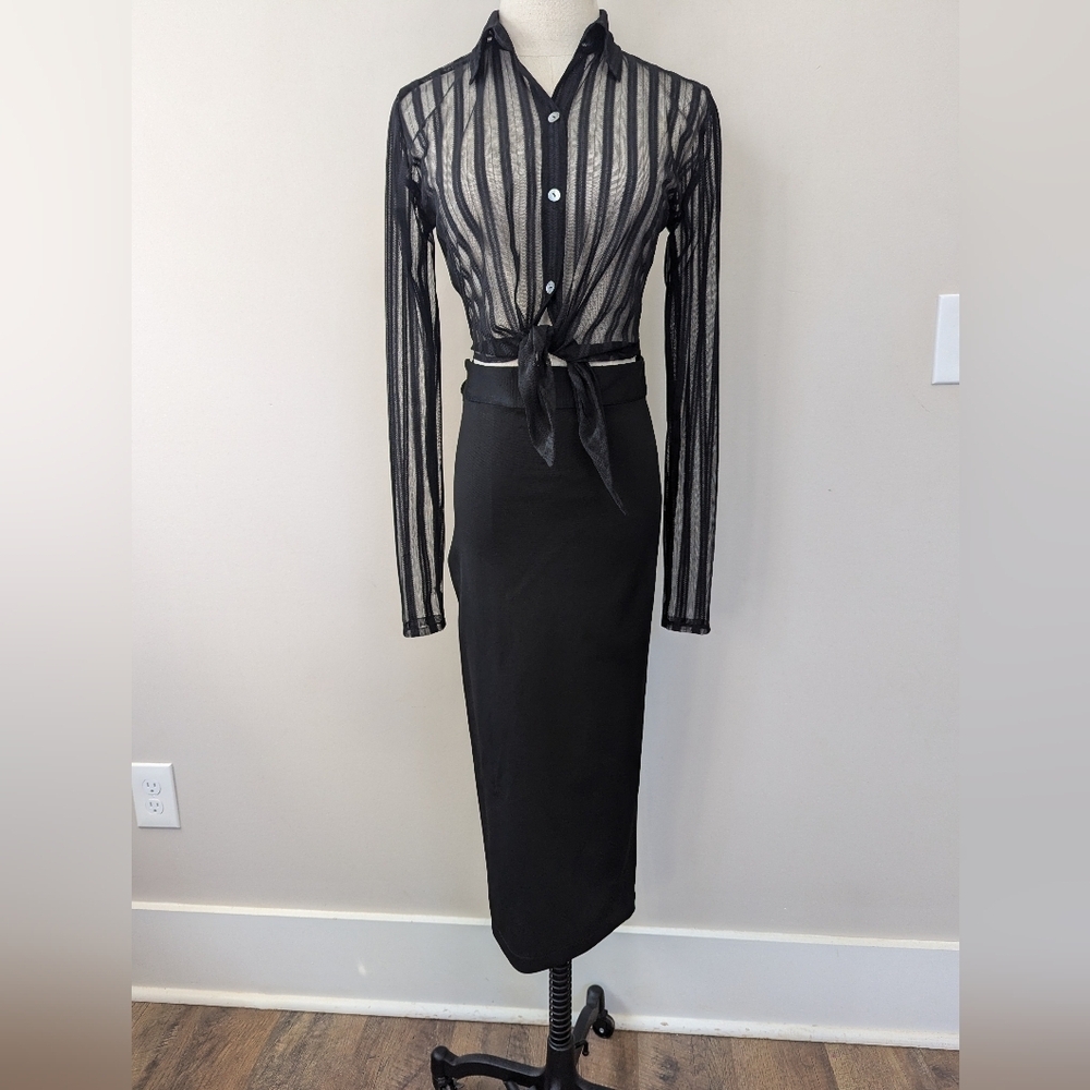 Bill Hallman Sheer Striped‎ Pencil Midi Dress Retro Wiggle